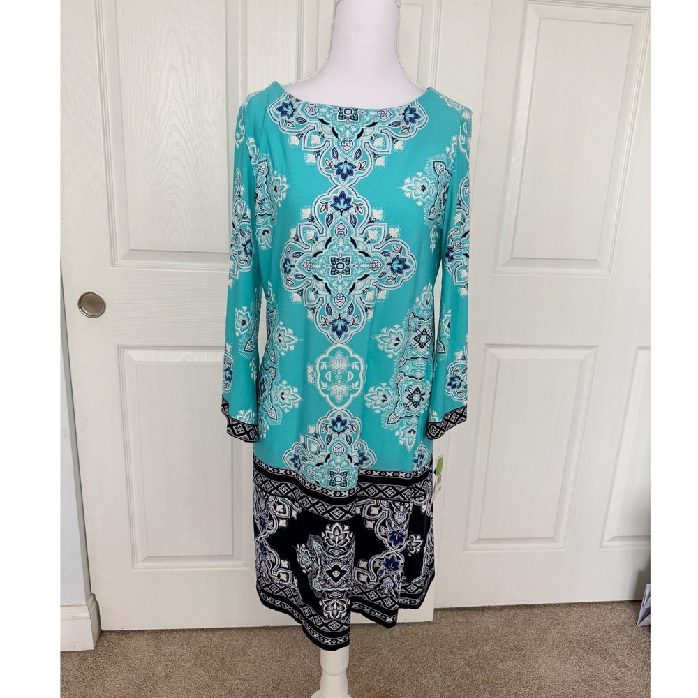 Studio‎ One Shift Dress Womens Small Turquoise Medallion Paisley Bell Sleeve NWT
